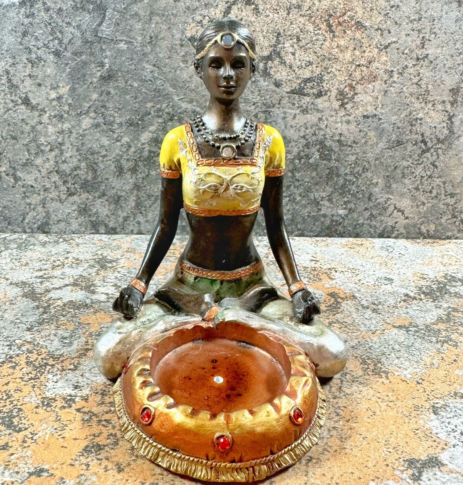 THAI INCENSE BURNER 7” Meditation Yoga Woman Resin Figurine Hand Painted Jeweled