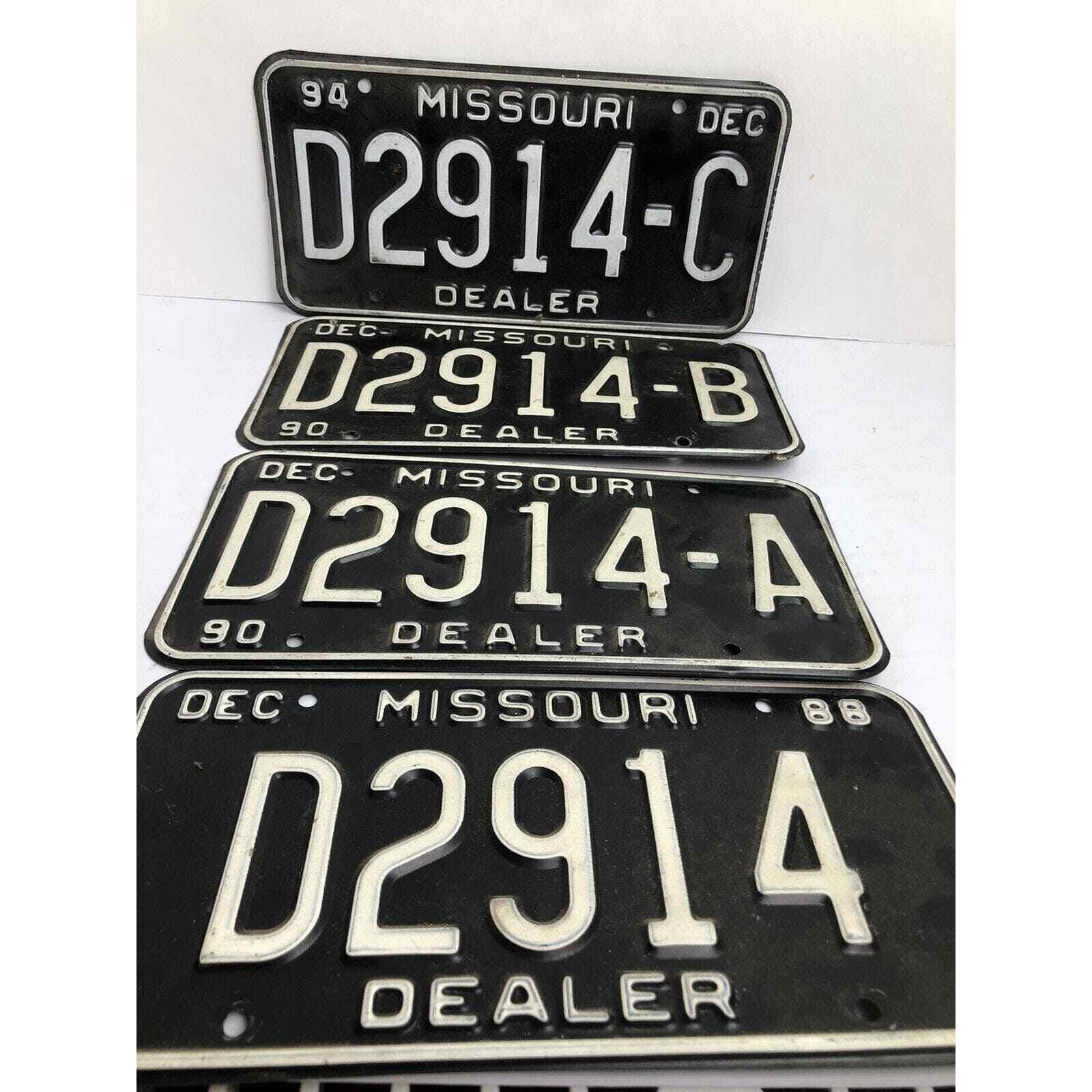 Missouri License Plates Dealer # D2914 (1988) to D2914-C (1994) Four Total Black