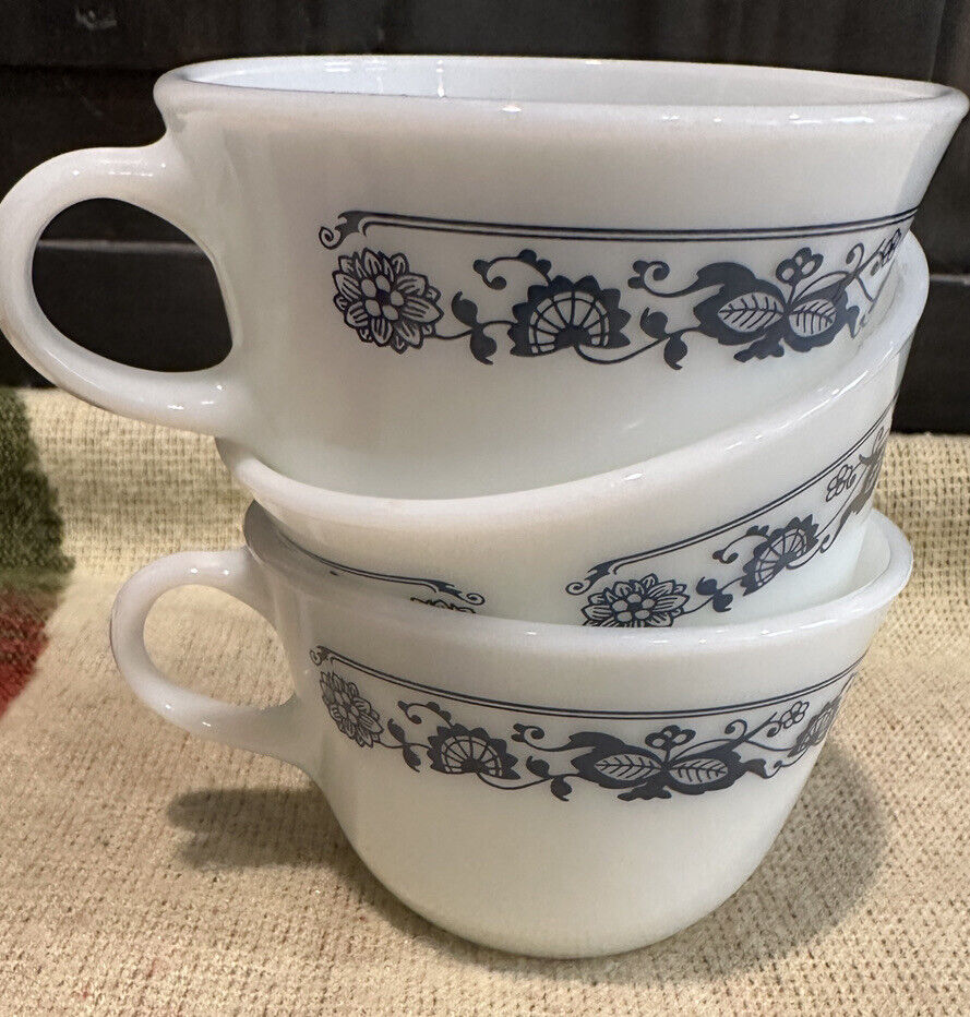 Vintage Pyrex Old Town Blue Coffee Tea Cup Mug Blue Onion, Set Of 3