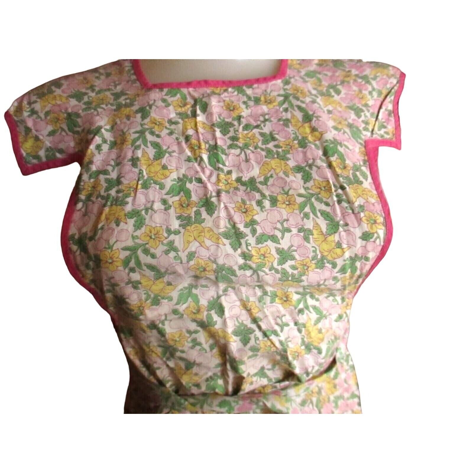 Small Womens Vintage Apron MCM 1940s Pink Vegetable Print Sexy with Red Trim