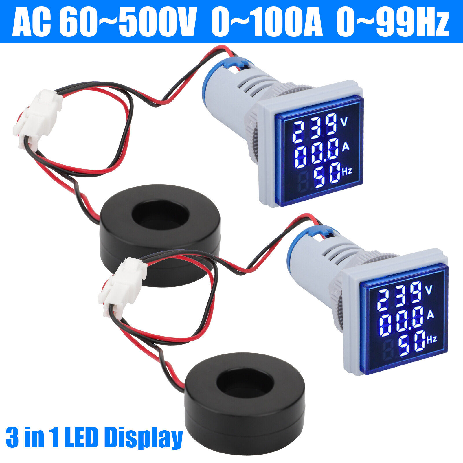 2x AC 60-500V 0-100A 22mm 3 in 1 Voltmeter Ammeter LED Digital Volt/AMP Meter