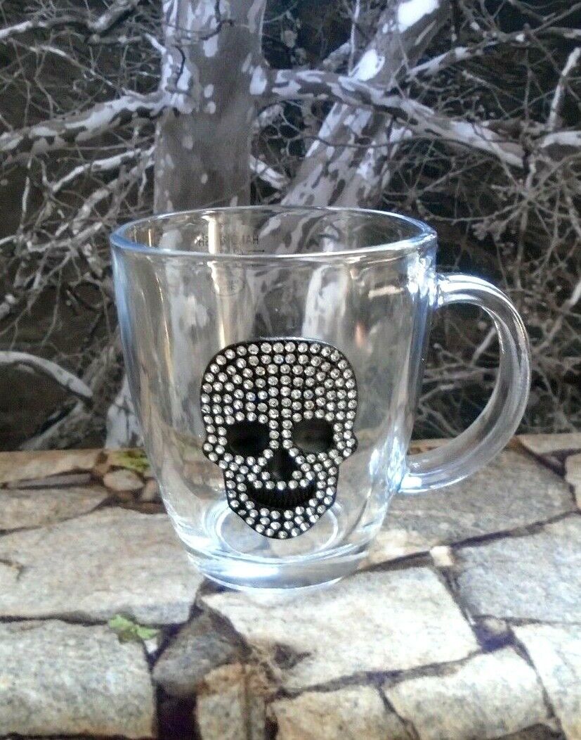 Halloween Clear Glass Jeweled Smiling Skull 8oz Coffee Cups Set of 3 