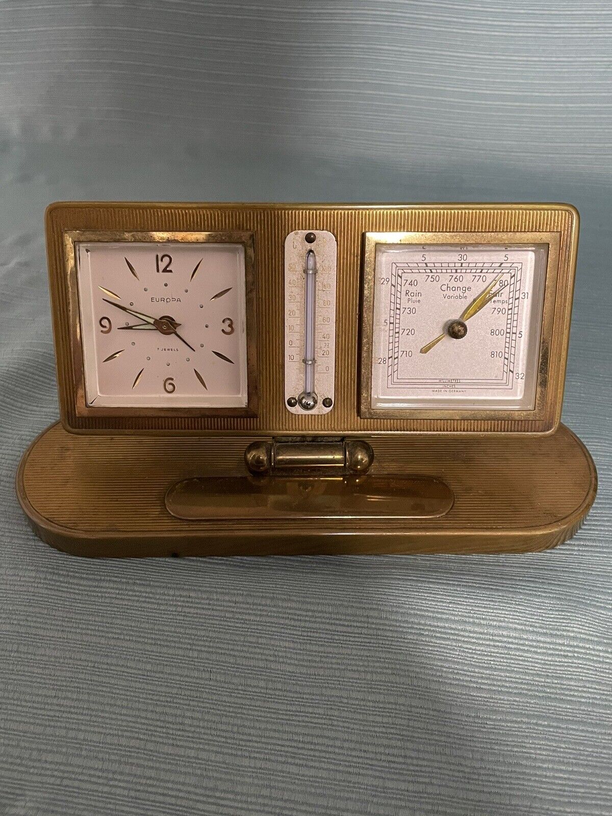 Vintage Europa Travel Clock Windup Alarm 7 Jewels /Thermometer /Barometer