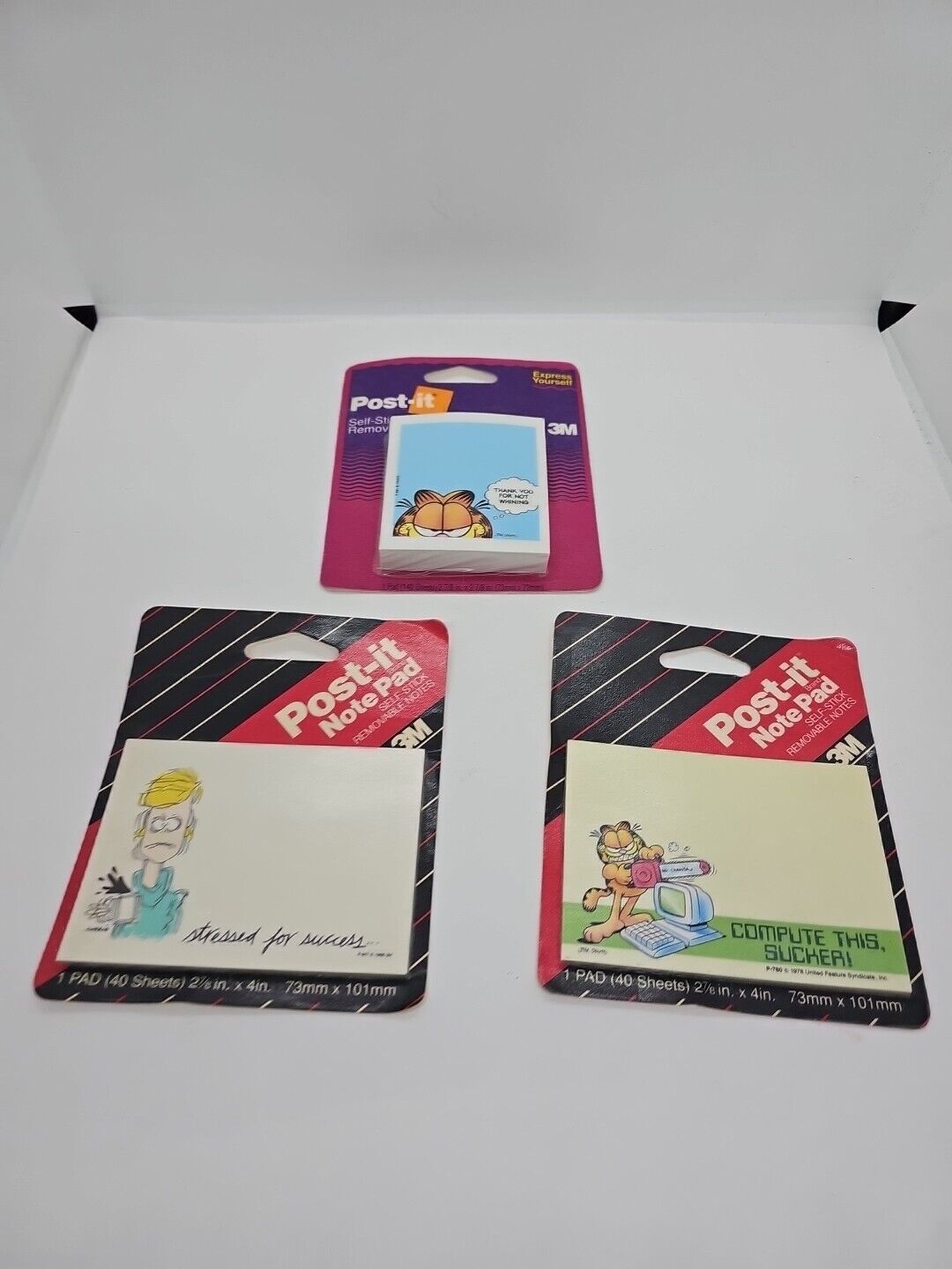 3x Garfield Post-It Pad Sticky Note Vintage 3M 1990-94 Compute This, Sucker NEW