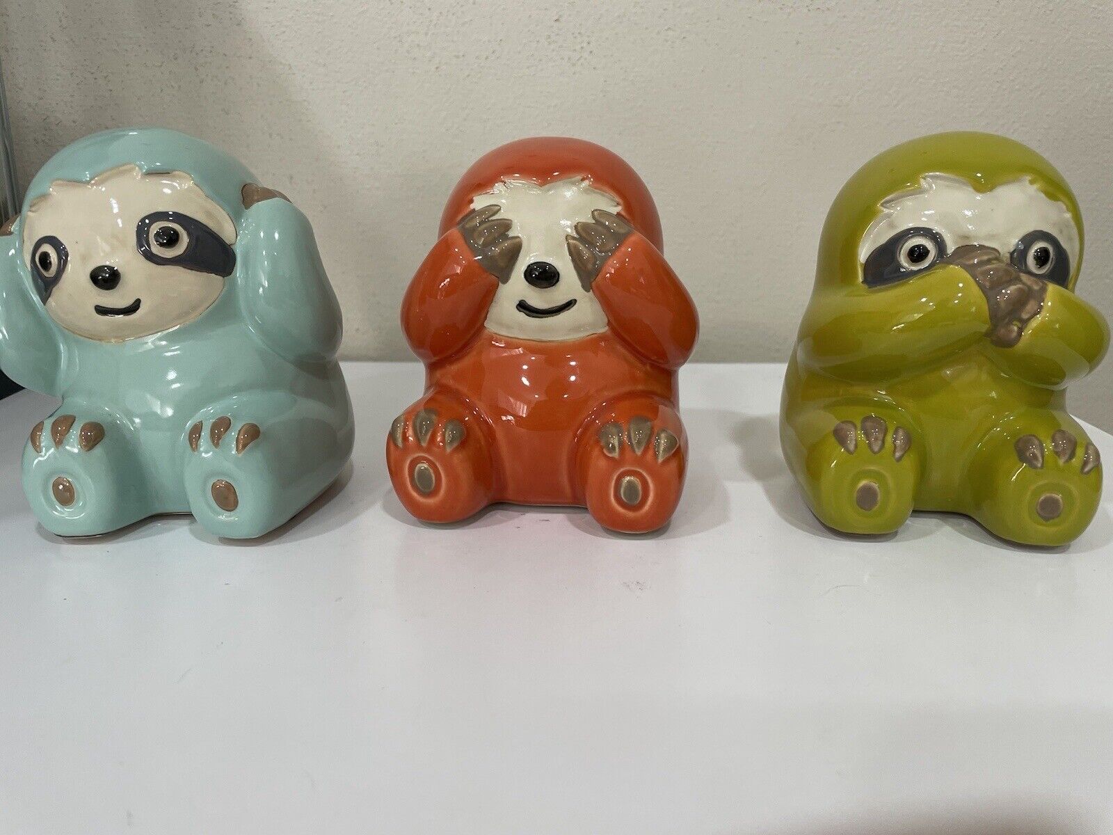 Hear, See, Speak No Evil Ceramic Sloths. 4”x 3.5”.
