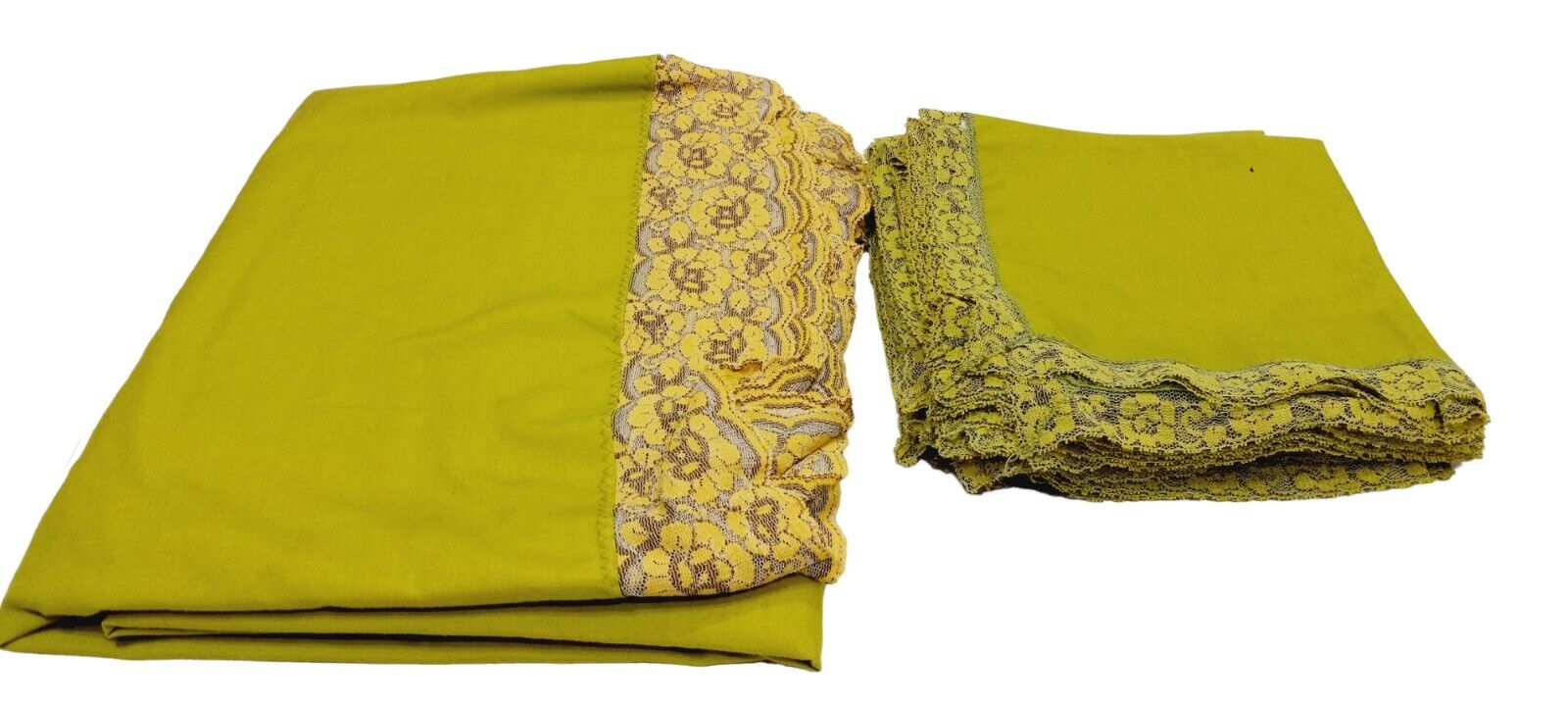 Vtg Avocado Green Tablecloth & 12 Napkin Set W/ Embroidered Lace Border 96\