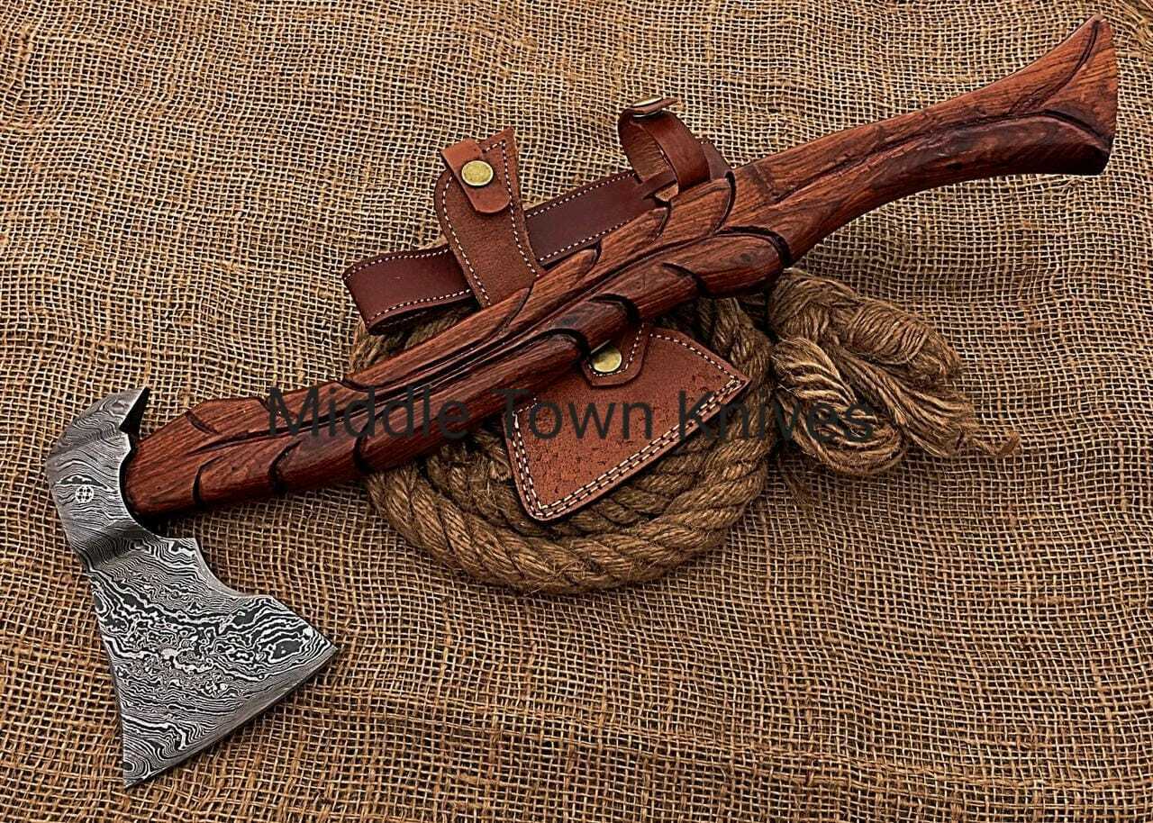 22 inch Handmade Damascus Steel Axe/ Viking Tool Functional Axe W/ Leather Cover