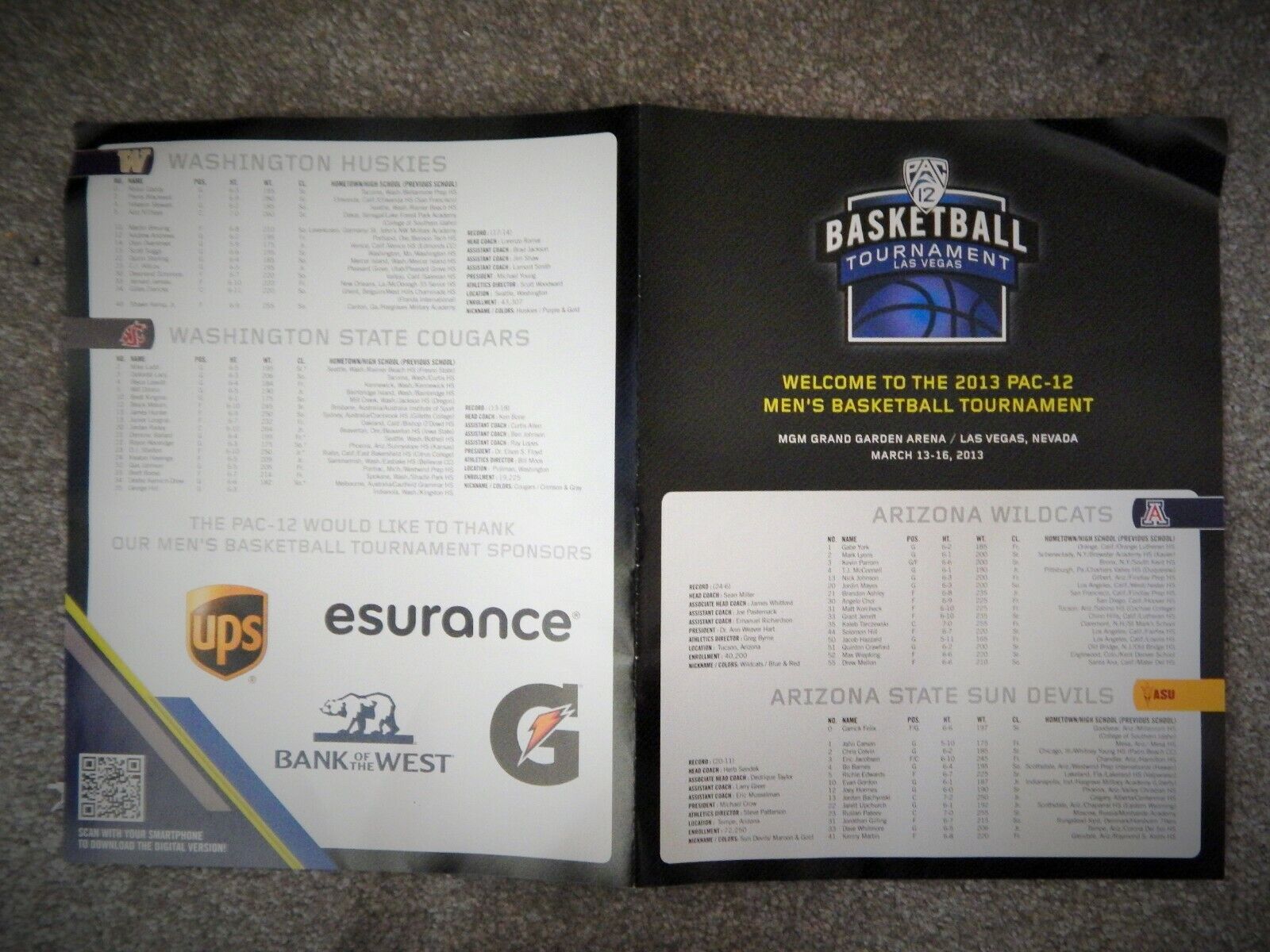 2013 PAC-12 MEN\'S BASKETBALL TOURNAMENT COMPLETE ROSTER DELUXE BROCHURE 