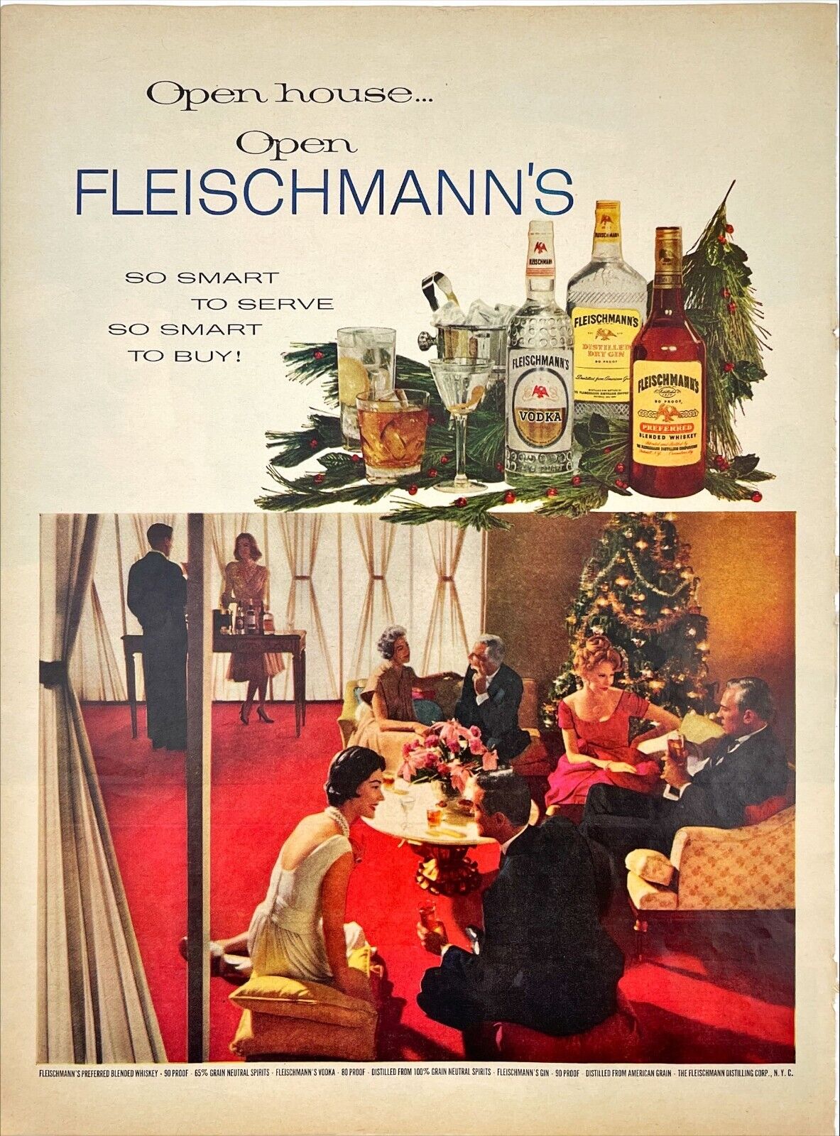 FLEISCHMANN\'S Whiskey Gin Vodka 1960s Christmas Party Decor Tree Vtg Print Ad