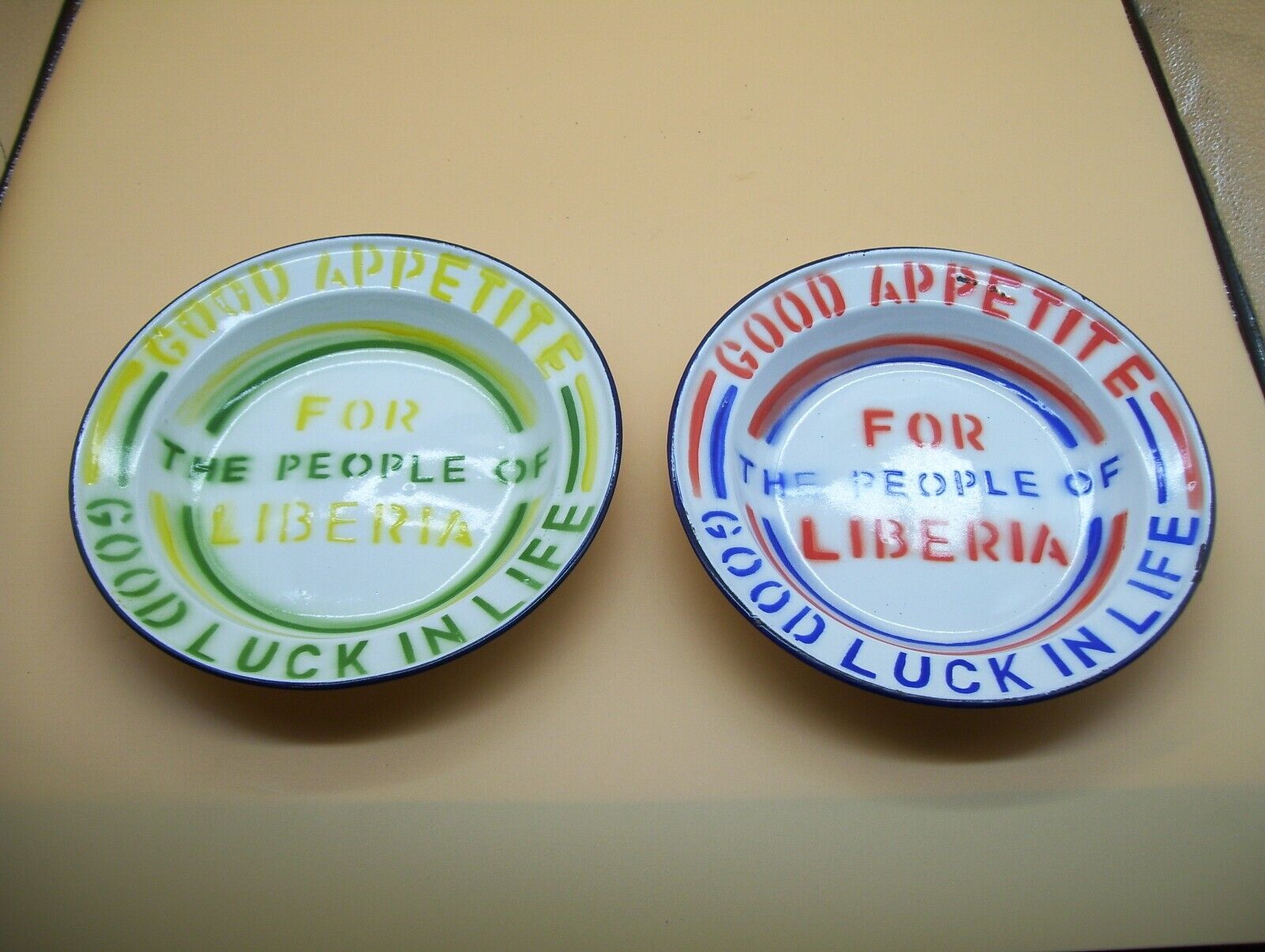 Vintage Hand Painted Enamelware Bowl X2 Good Appetite For People Of Liberia Rare