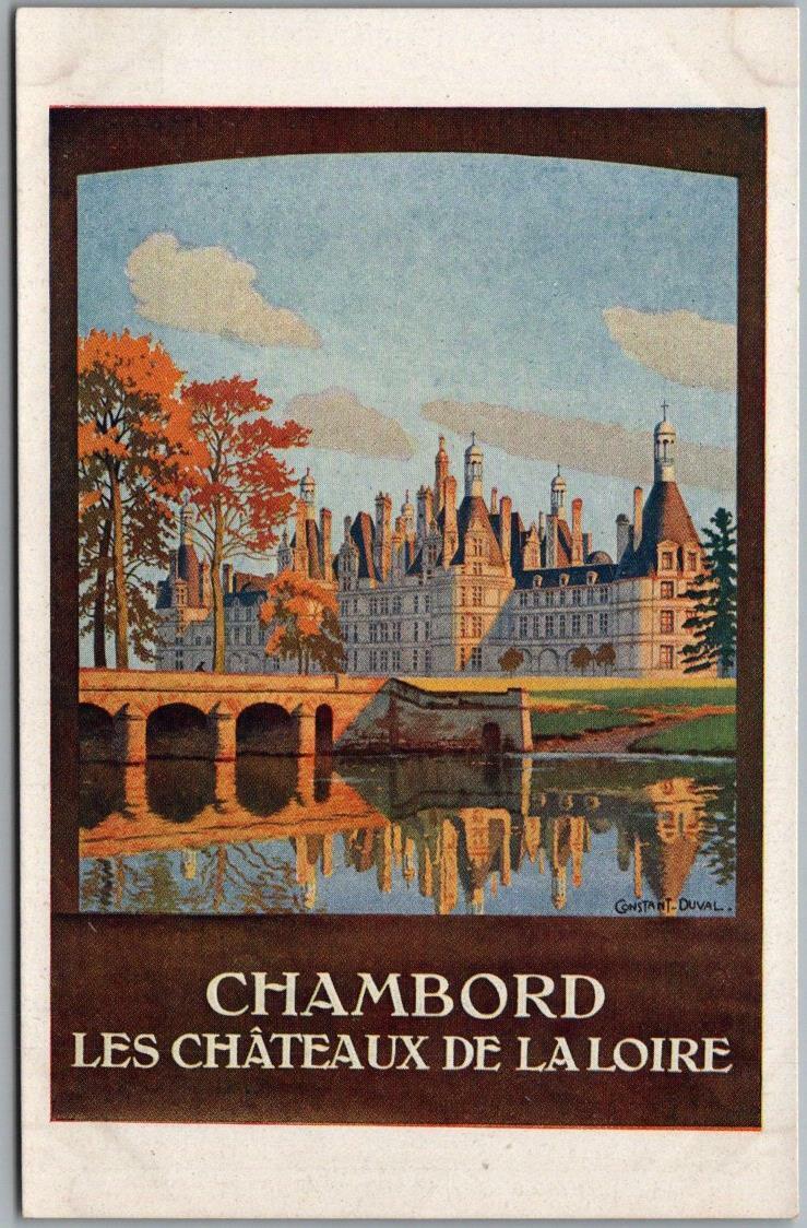 French Poster Art Artist-Signed C. DUVAL Postcard CHAMBORD Chateaux de La Loire