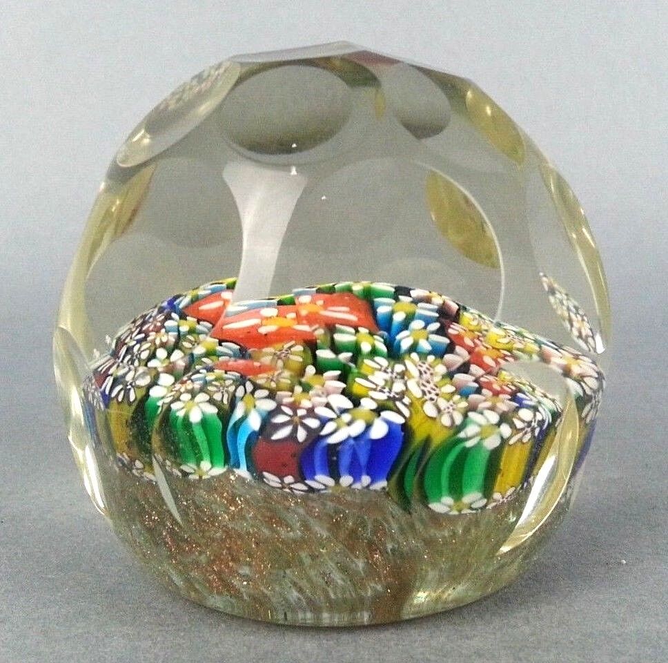 Vintage Faceted Milliefiori Glass Paperweight Flower Design Multicolored