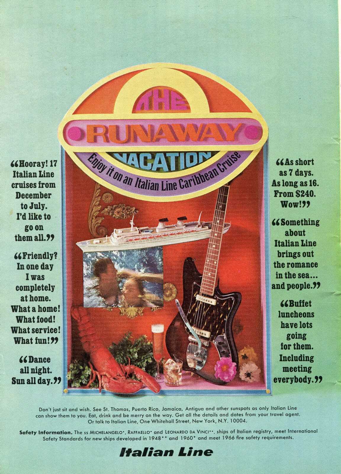 1969 Italian Cline The Runaway Vacation Caribbean Cruise Print Ad