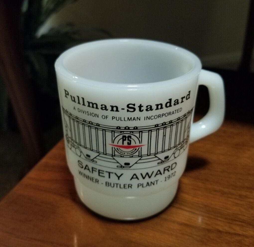 Vintage Fire King Pullman Standard Safety Award Milk Glass Coffee Mug