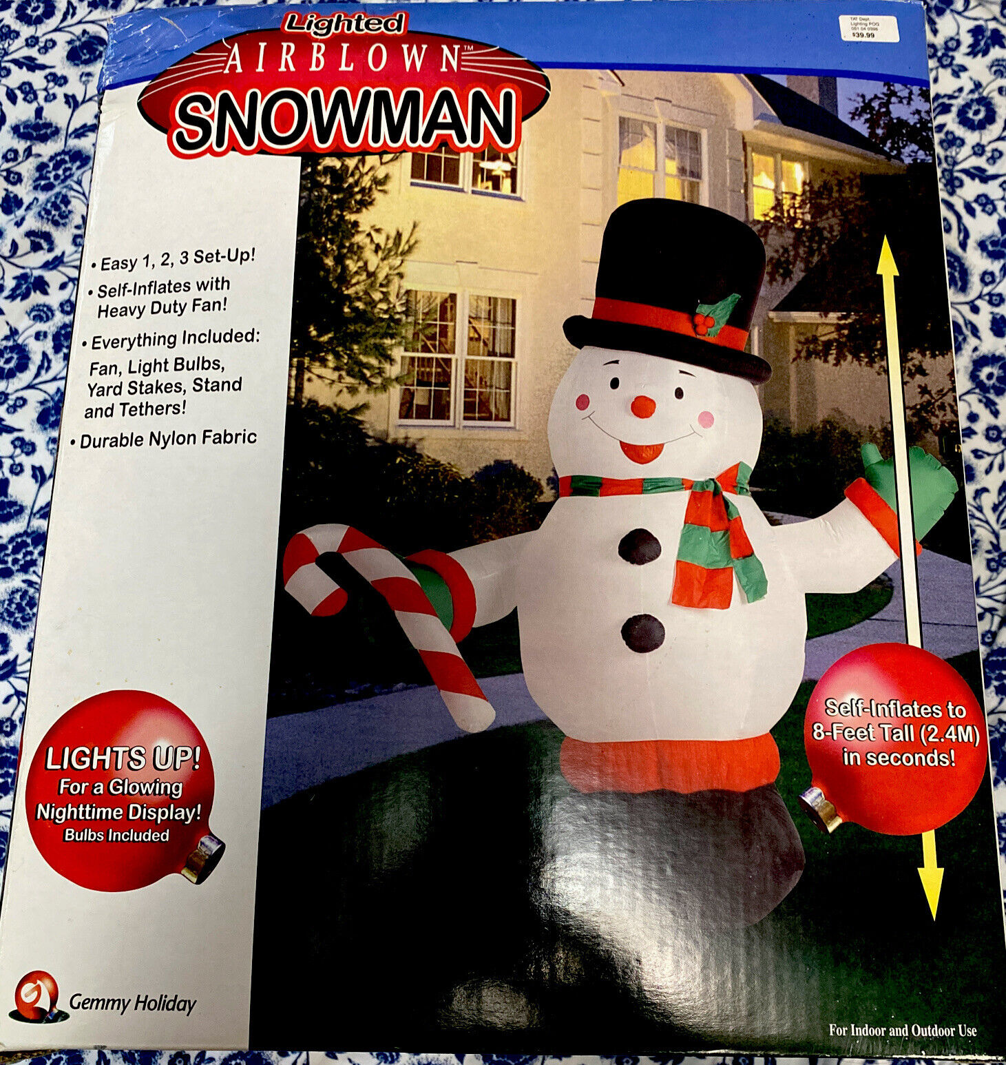 Gemmy Christmas In July 8 Ft Lighted Snowman w/ Candy Cane & Top Hat Airblown