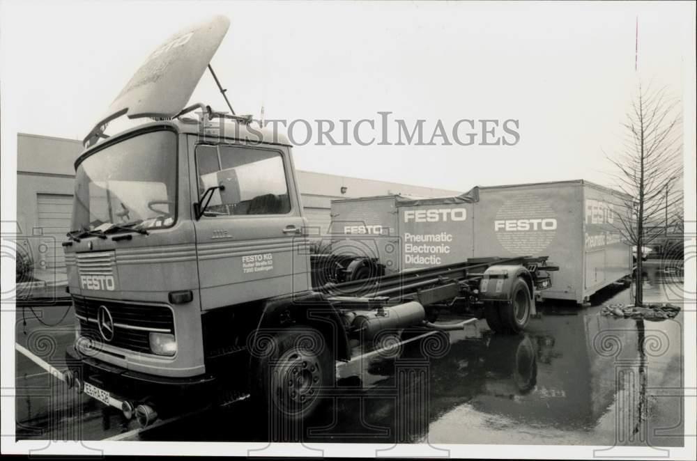 1983 Press Photo Tractor trailers at Festo Pneumatic Mobile exhibition room