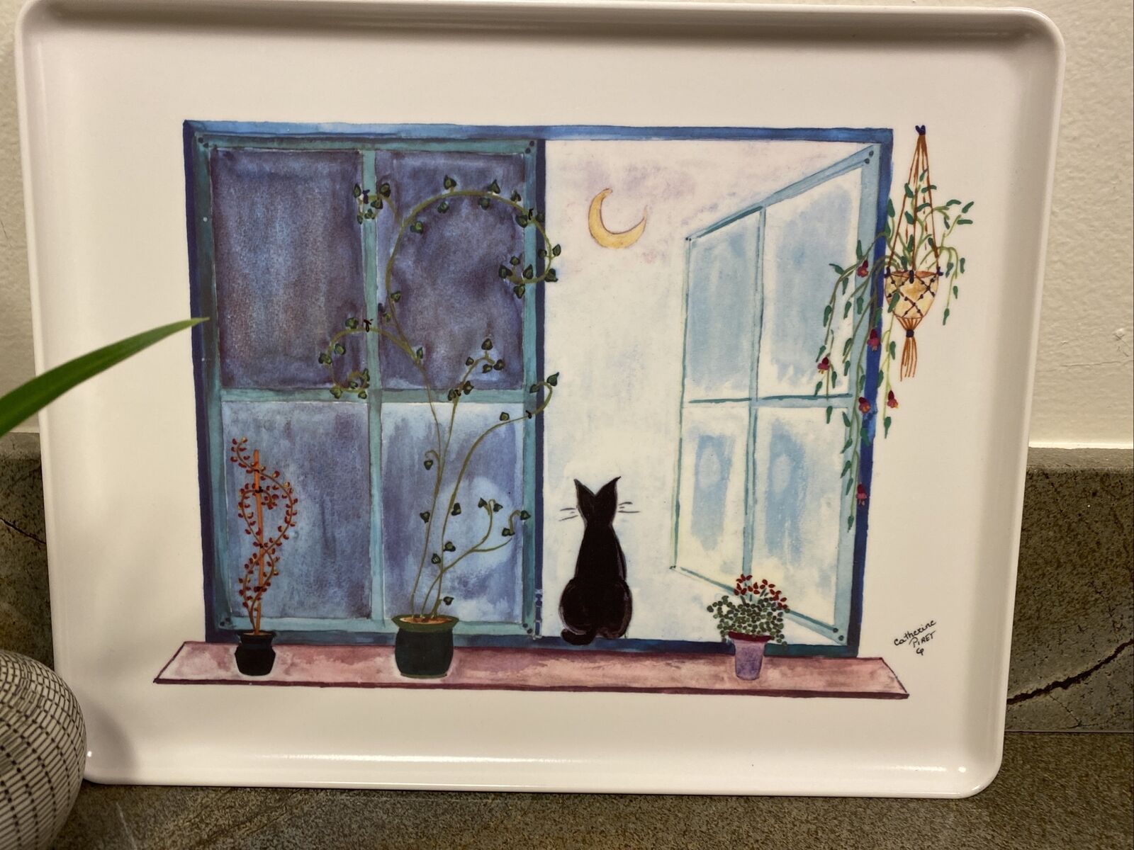Vintage melamine tray- Black Cat in Window-artist Catherine Piret Kitty Cat Lady