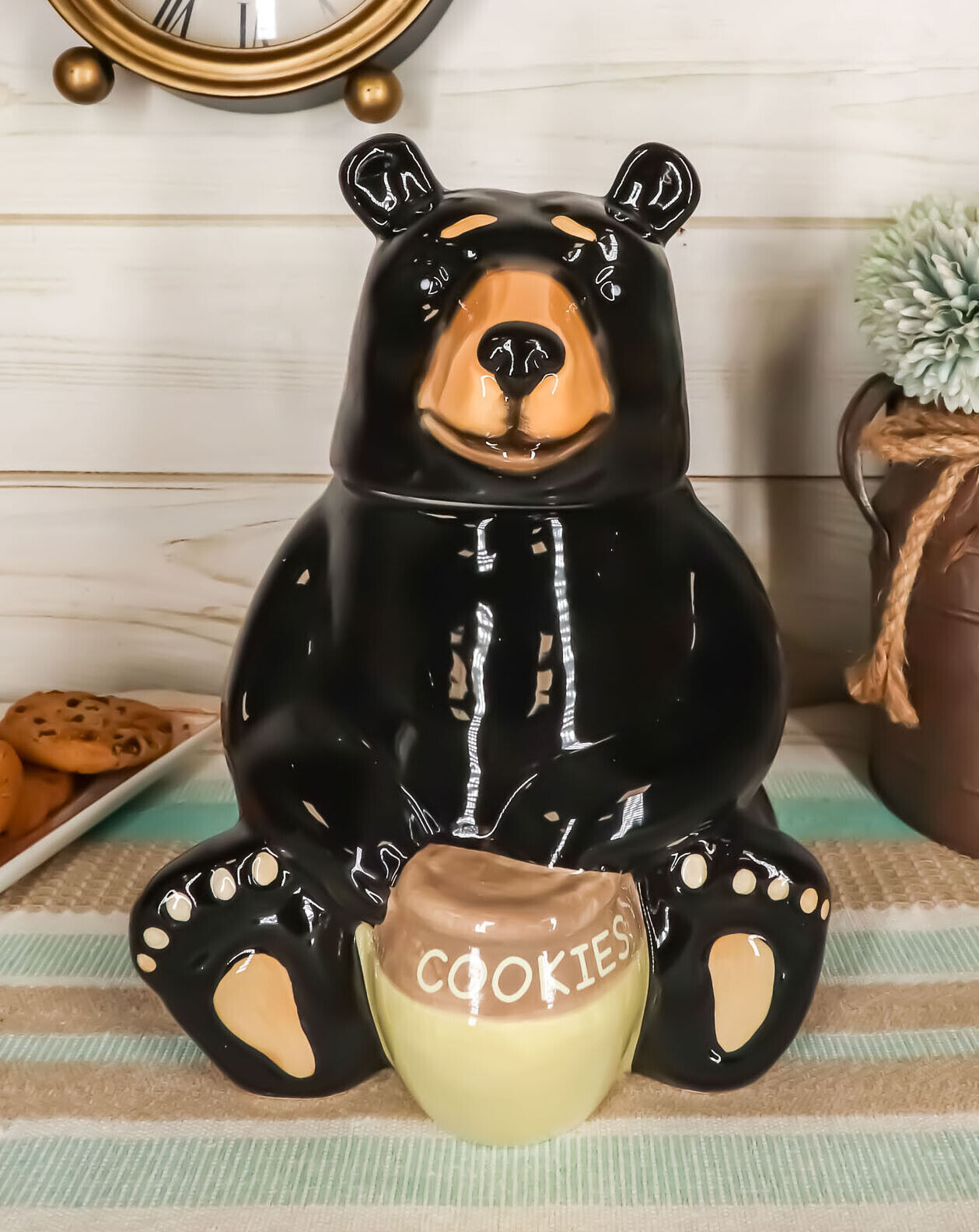 Rustic Wildlife American Black Bear With Honey Pot Ceramic Cookie Jar Figurine