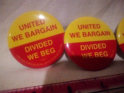 4 Pinback Buttons United we bargain divided we beg union pins union bug
