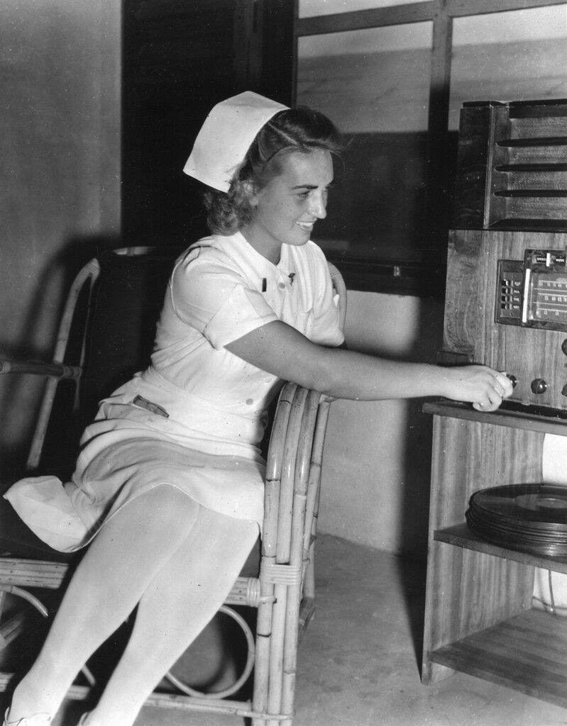 WW2 Photo WWII US Military Nurse Listens to Radio World War Two  / 1216