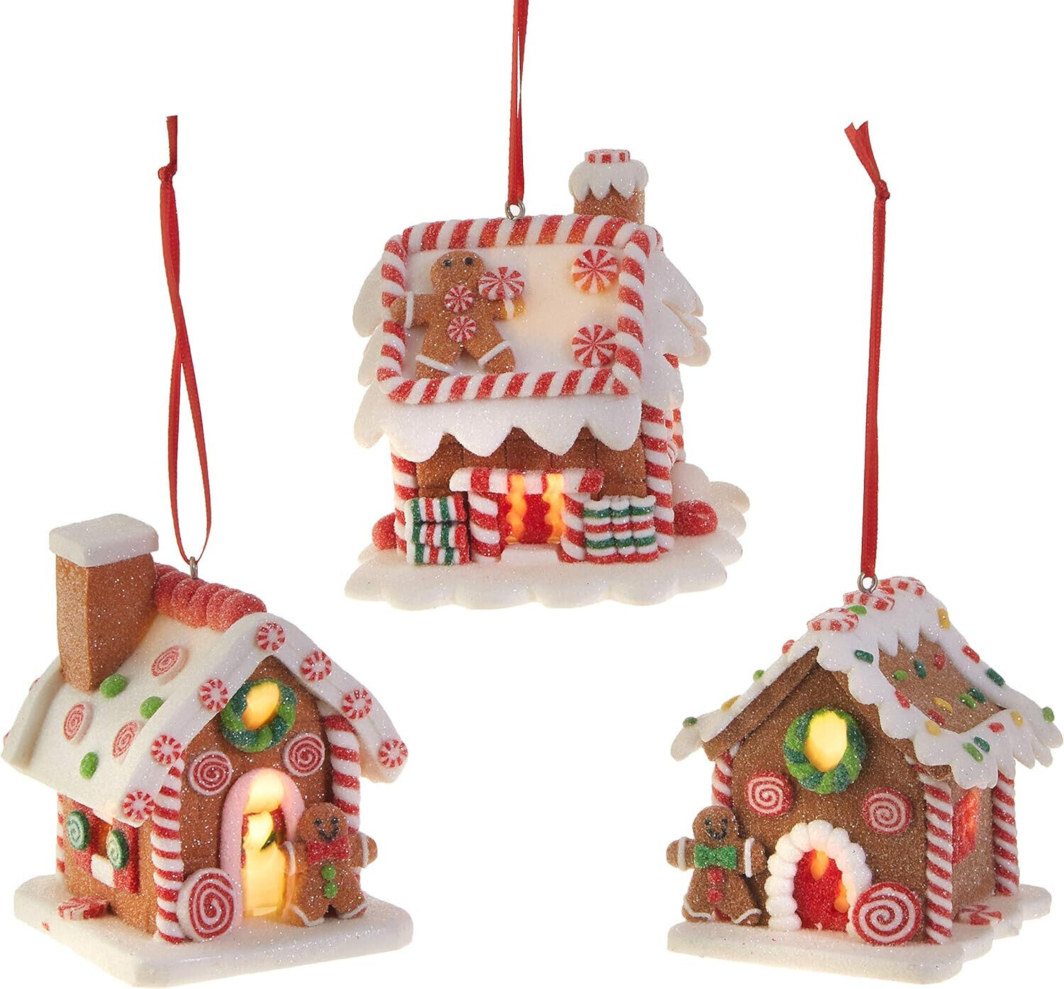 Set of 3 Hanging Lighted Gingerbread Claydough House Ornaments, Festive Decor