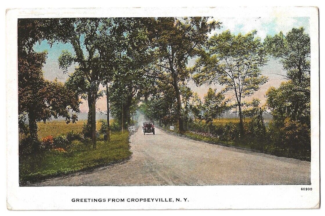 Greetings From Cropseyville New York c1920\'s rural road, vintage car