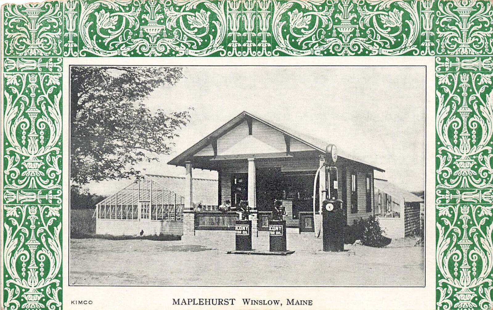 Winslow ME Maplehurst Socony Gas Pumps Cabins Green House Postcard