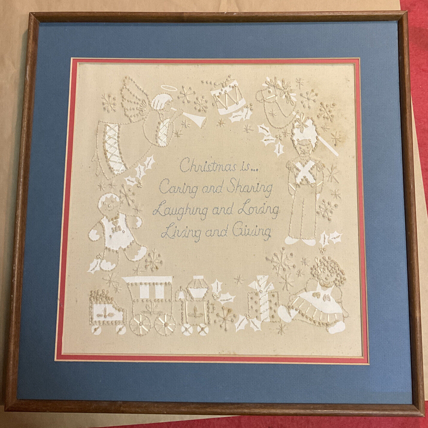 vintage wooden frame - Christmas is caring & sharing Laughing& Loving 18.5x18.5”