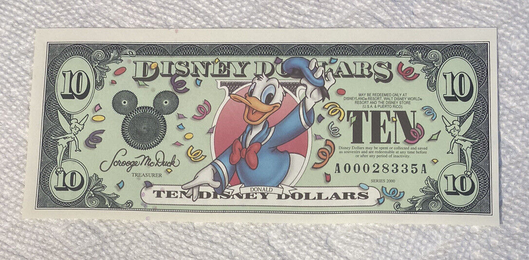 2000-AA Block. $10 Disney Dollars. Donald Duck. Disneyland. CU.