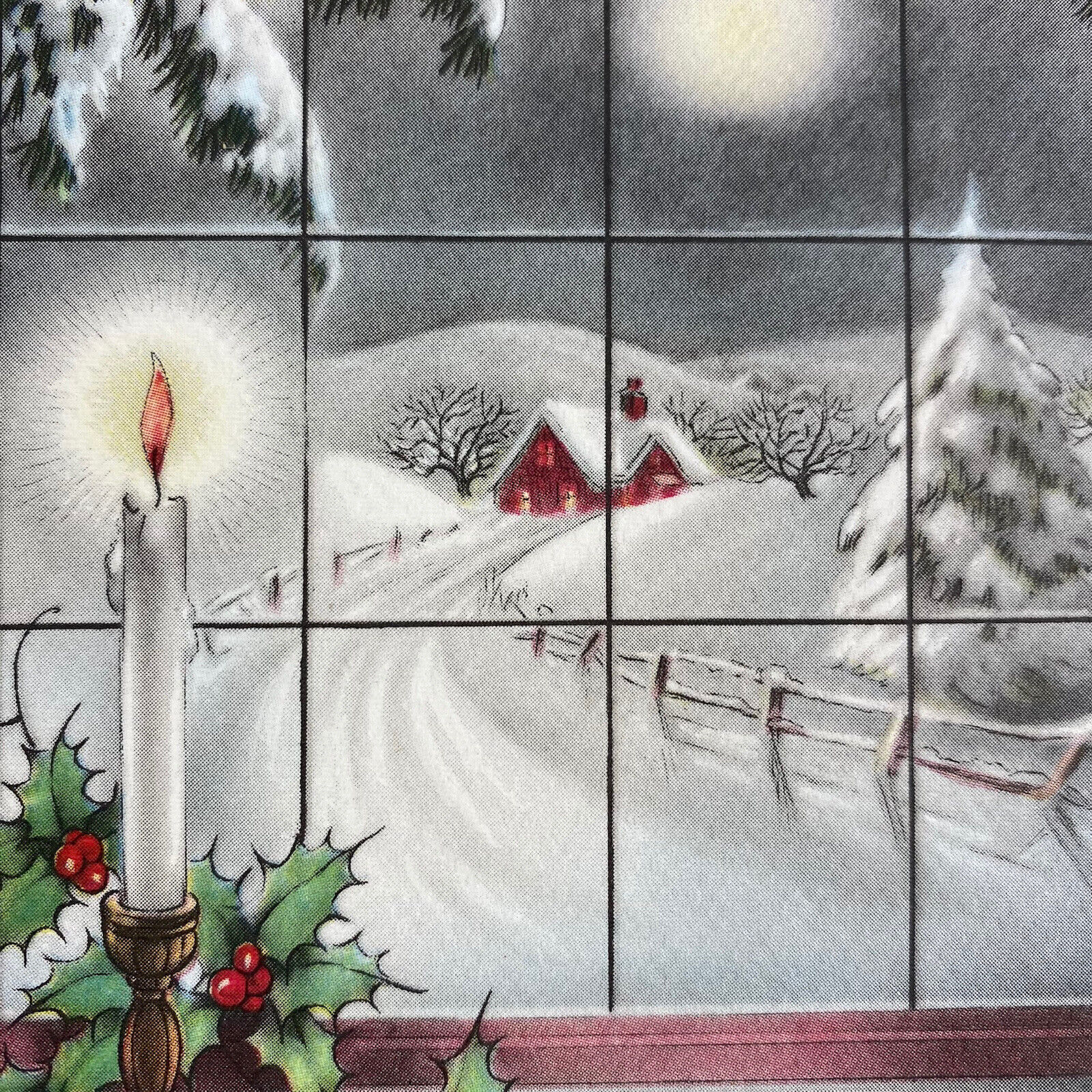 Vintage Early Mid Century Christmas Greeting Card Candle By Snowy Window Scene