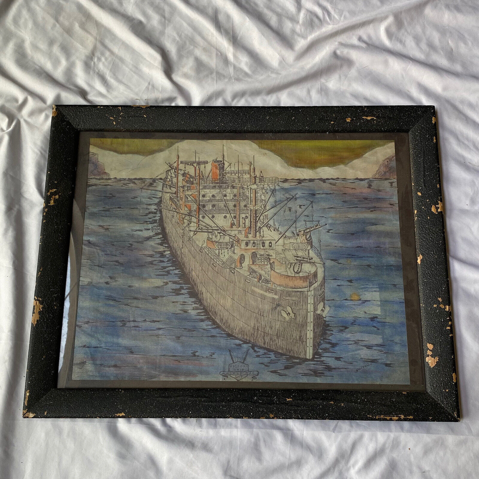 Original WWII Stars & Stripes Artist Painted Sketch Victory Ship Signed