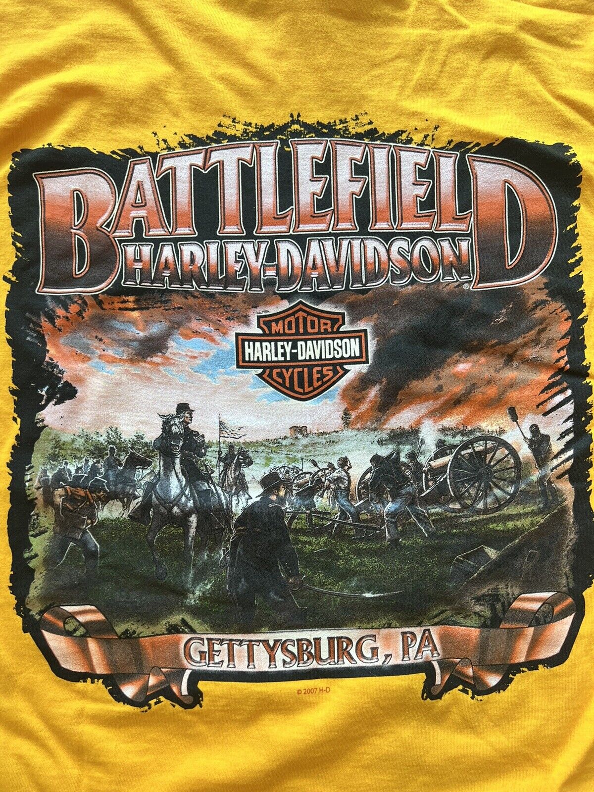 Harley Davidson Battlefield Gettysburg, PA Yellow T shirt Size Large
