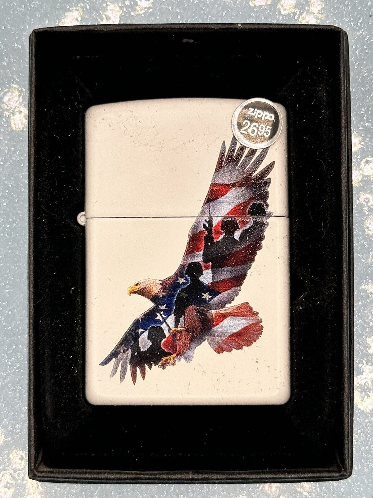 2017 Soaring Bald Eagle Flag Wings Soldiers White Matte Zippo Lighter NEW