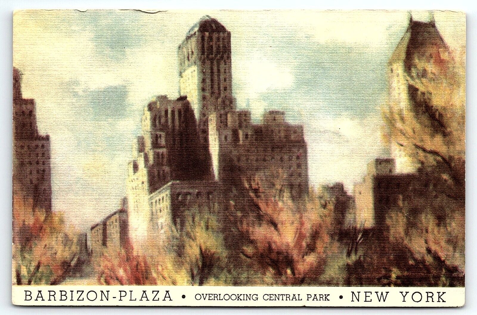 1960s NEW YORK BARBIZON PLAZA OVERLOOKING CENTRAL PARK ARITIST POSTCARD P2092