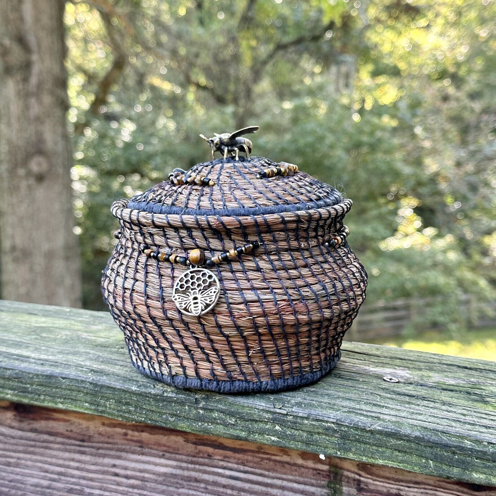 HONEY BEE- THEMED HANDCRAFTED ONE-OF-A-KIND PINE NEEDLE BASKET