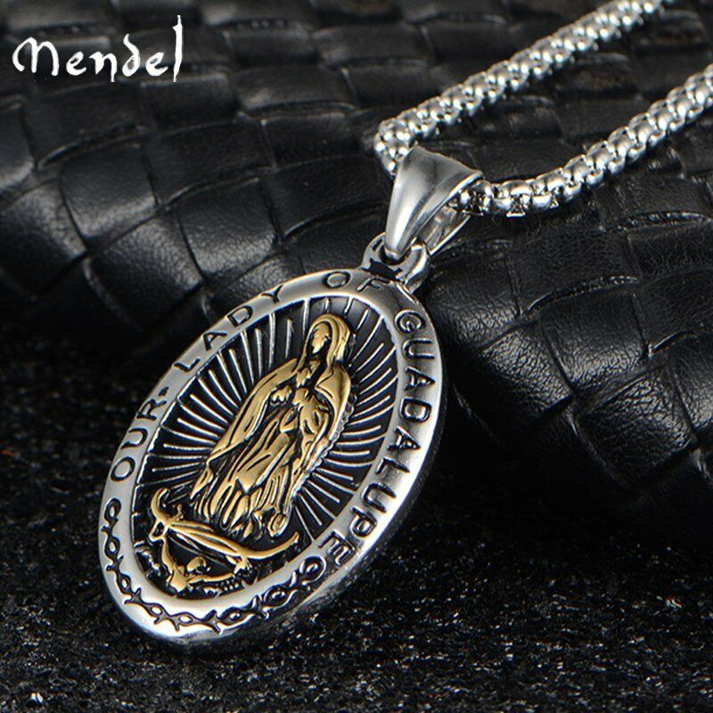 MENDEL Stainless Steel Catholic Our Lady Of Guadalupe Gold Pendant Necklace Men