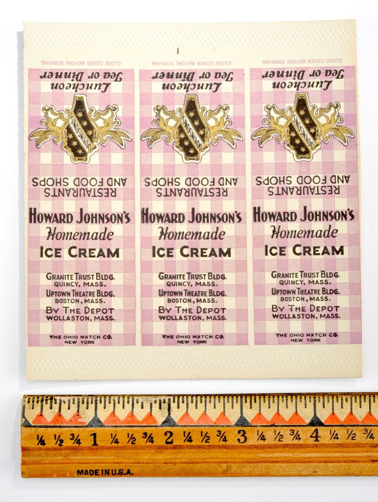Vintage 1930's Matchbook Cover Howard Johnson’s Ice Cream Wollaston, Mass. #3