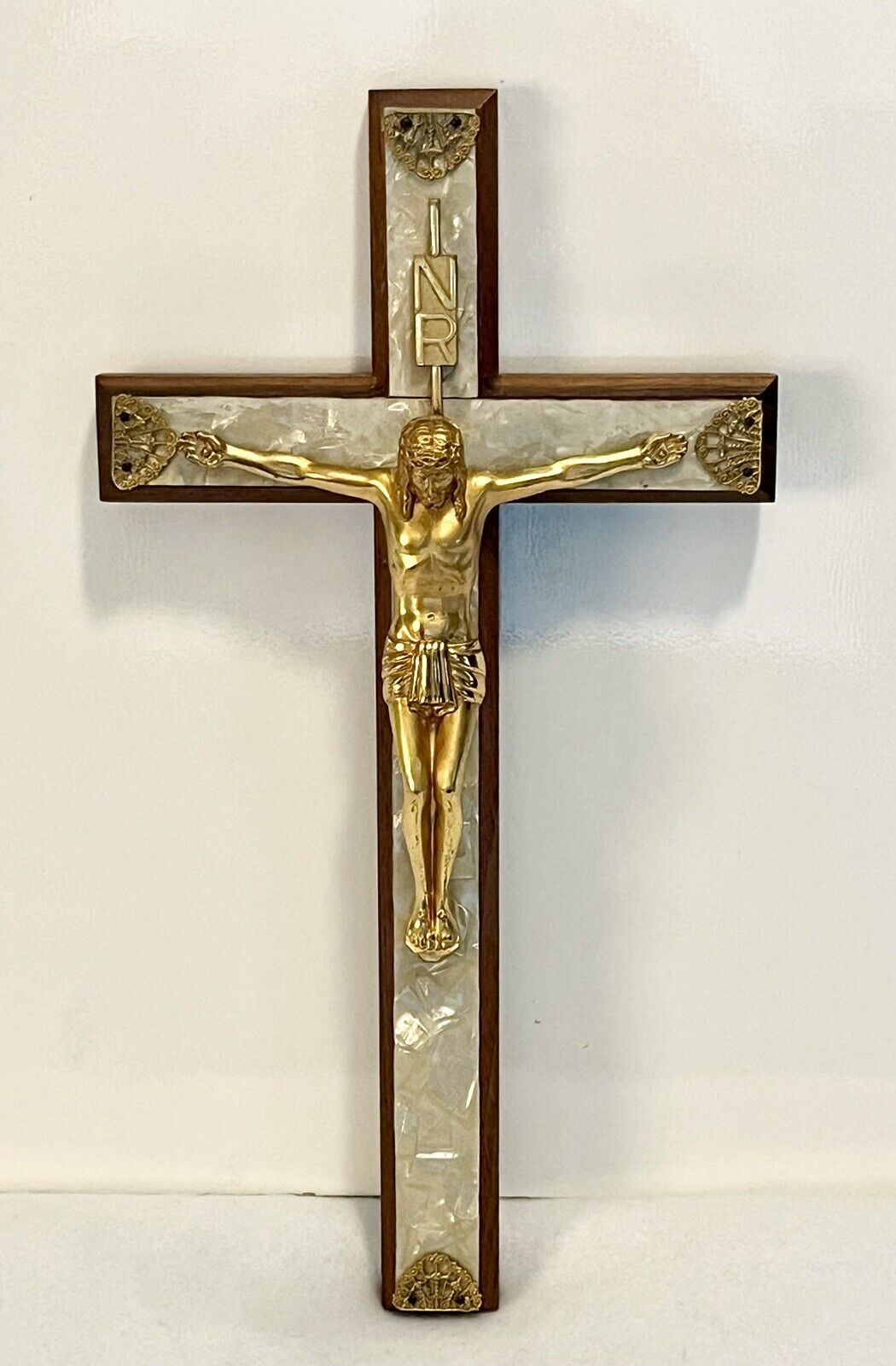 Vintage Wood Bronze & Mother Of Pearl Crucifix Wall Cross Filigree Corners INRI