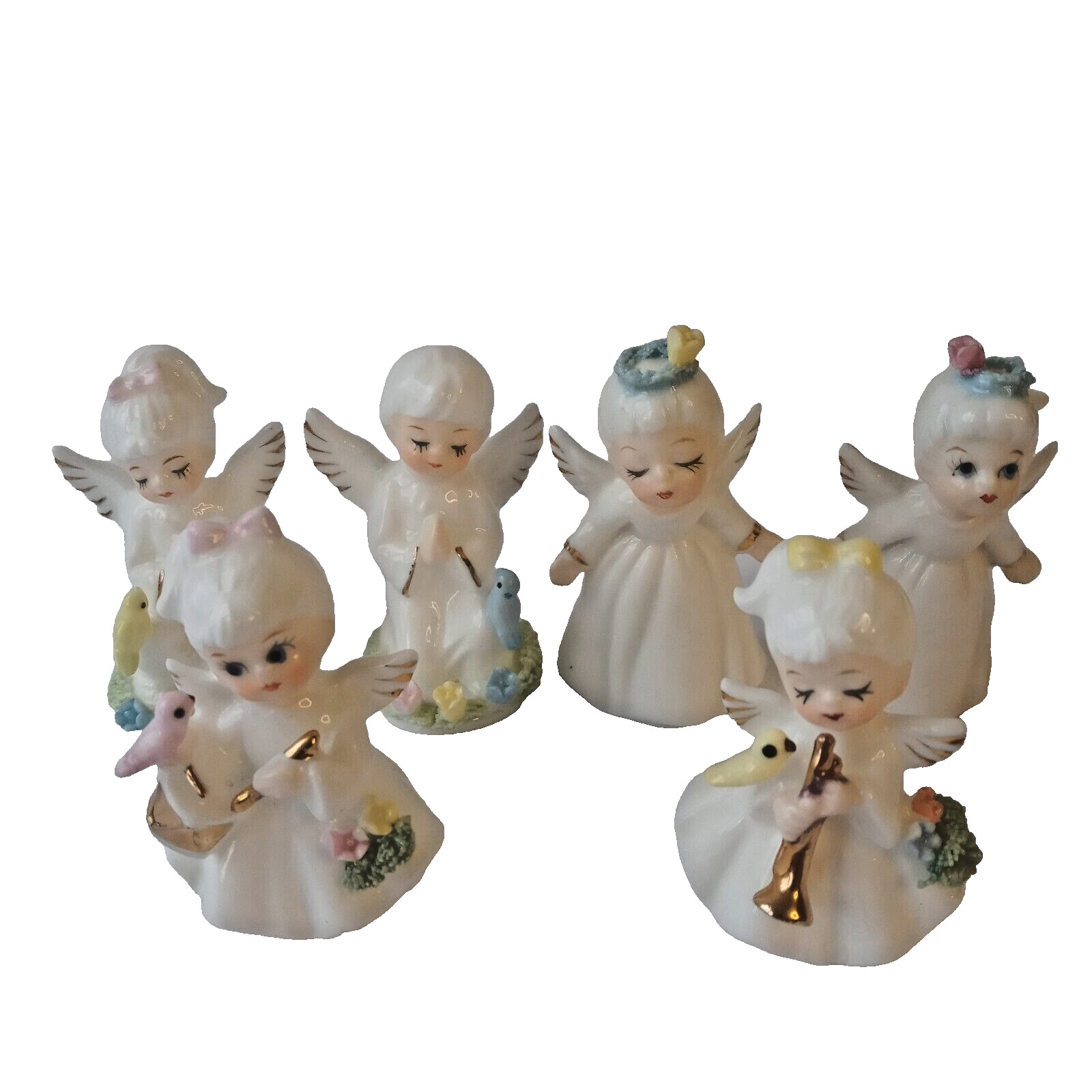 Napcoware 6 Angel Figurines Mini Spaghetti Gold Trim Instruments Kissing Praying