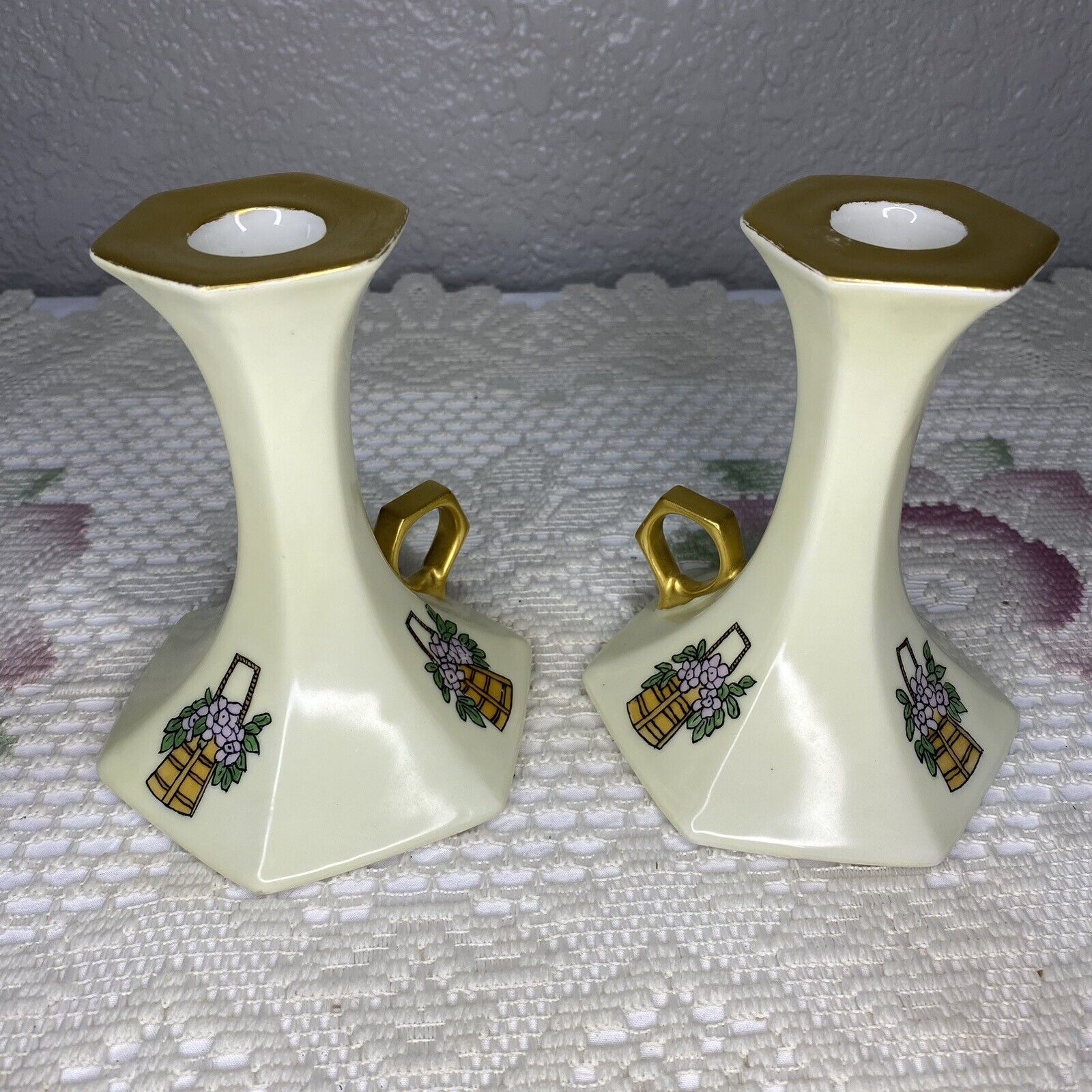 Pair Of Vintage T&V Handled Hand Painted Candle Holders