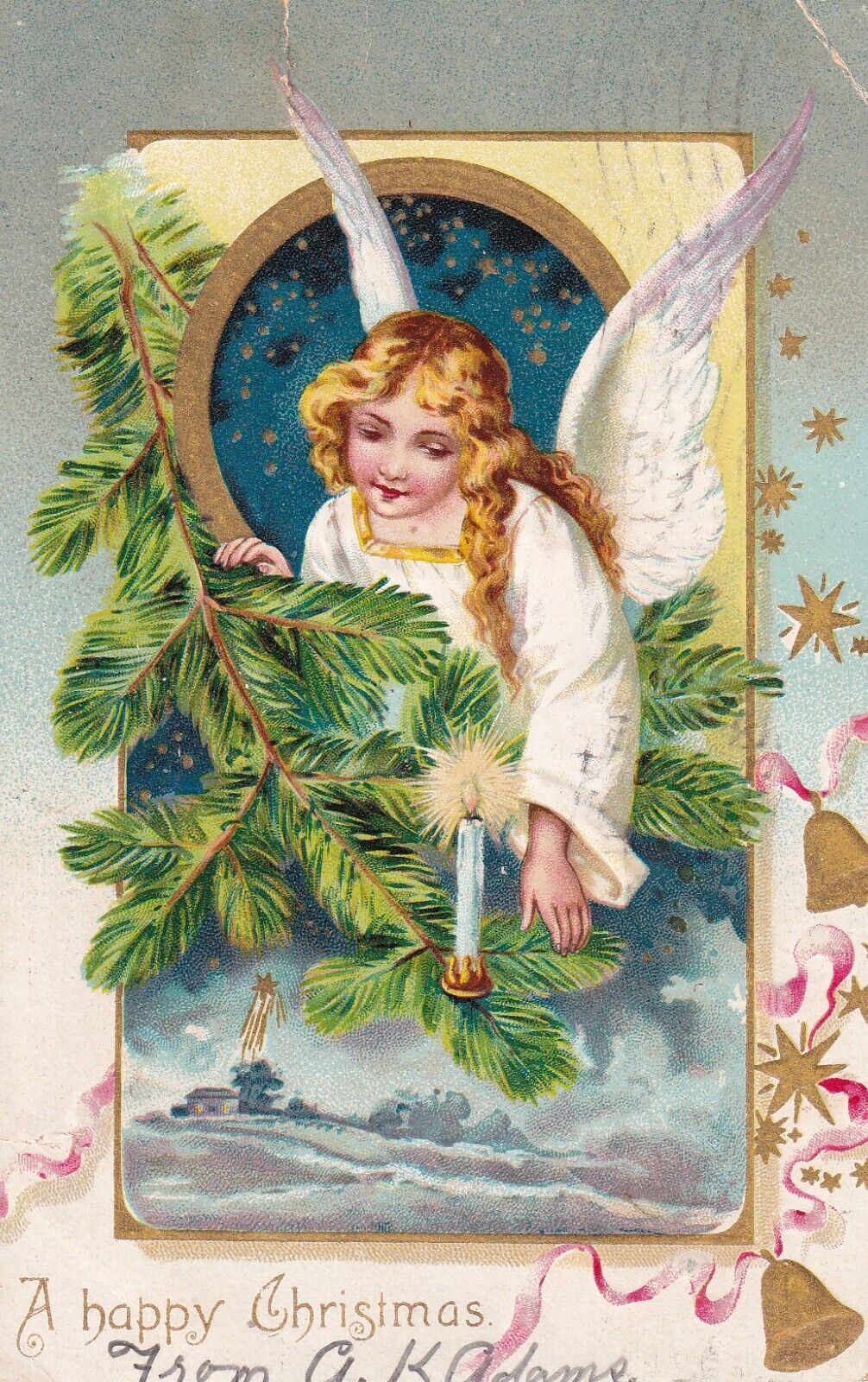Vintage A Happy Christmas Postcard Early 1906 Young Angel Girl With Wings Candle