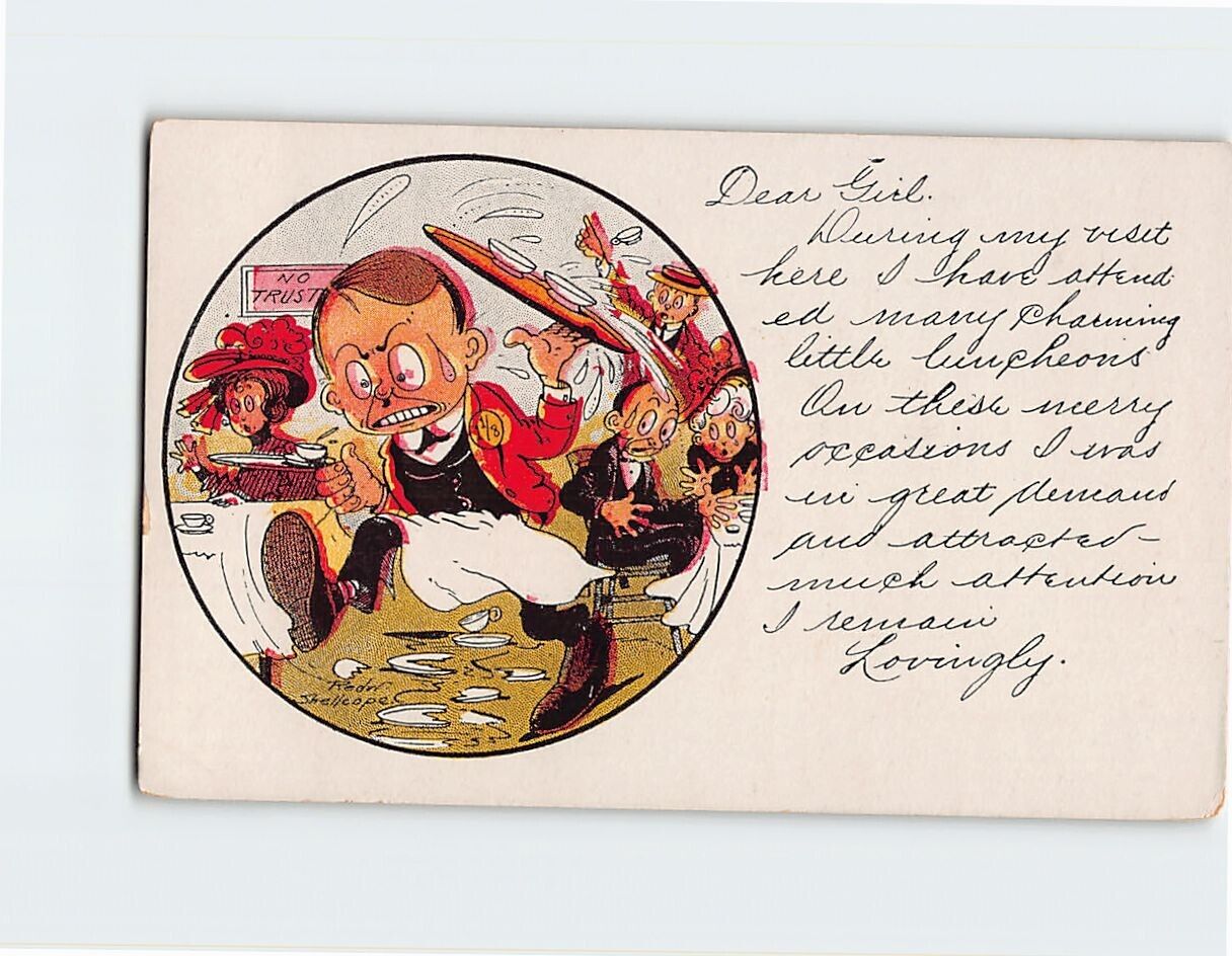 Postcard Greeting Card with Message and Panicking Waiter Comic Art Print