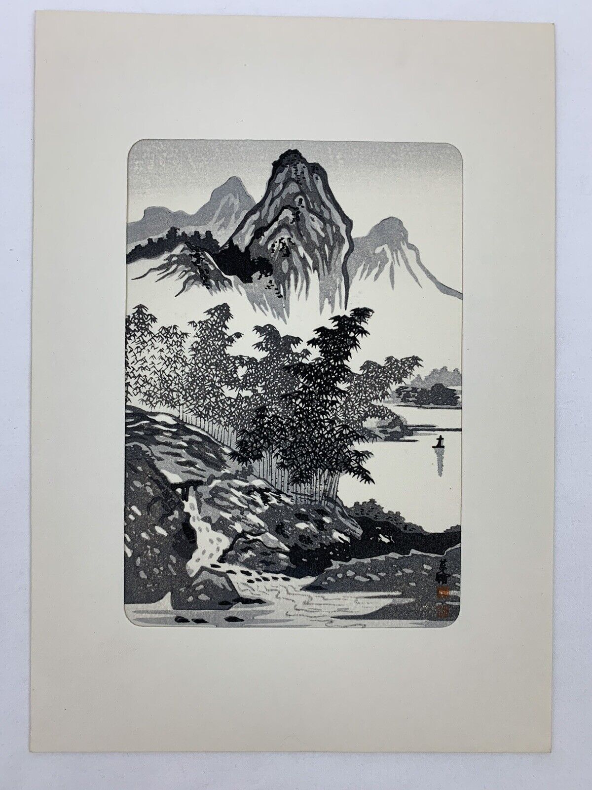 Rare Vintage Japanese Woodblock Print ‘Bamboo And Mountain’ By Imoto Tekiho
