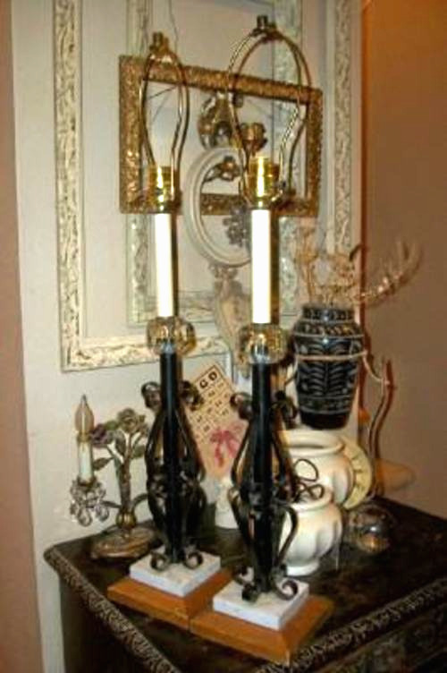 MID CENTURY CANDLESTICK LAMPS SCROLLY IRON CRYSTAL MARBLE 1960s FRENCH SPANISH