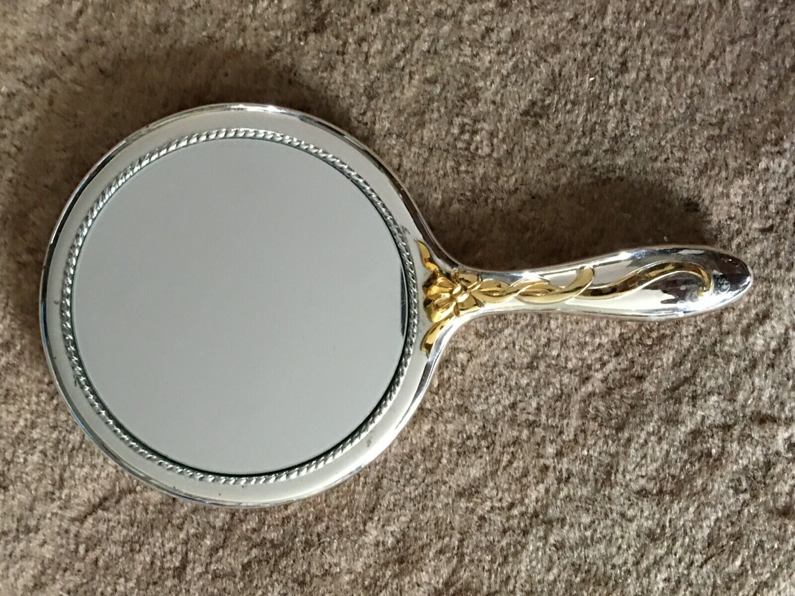 Heavy Vintage Silver Plated Ornate Vanity Hand Mirror w/Gold tone flowers 9.5\