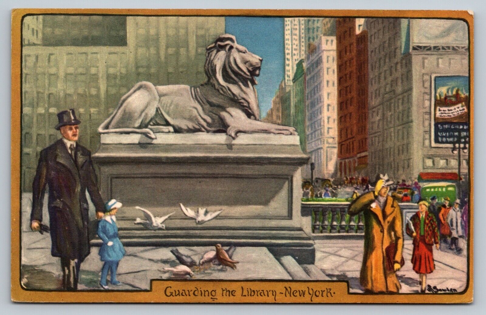 UPICK POSTCARD  Guarding The Library  New York Public Library 1945 Marble Statue