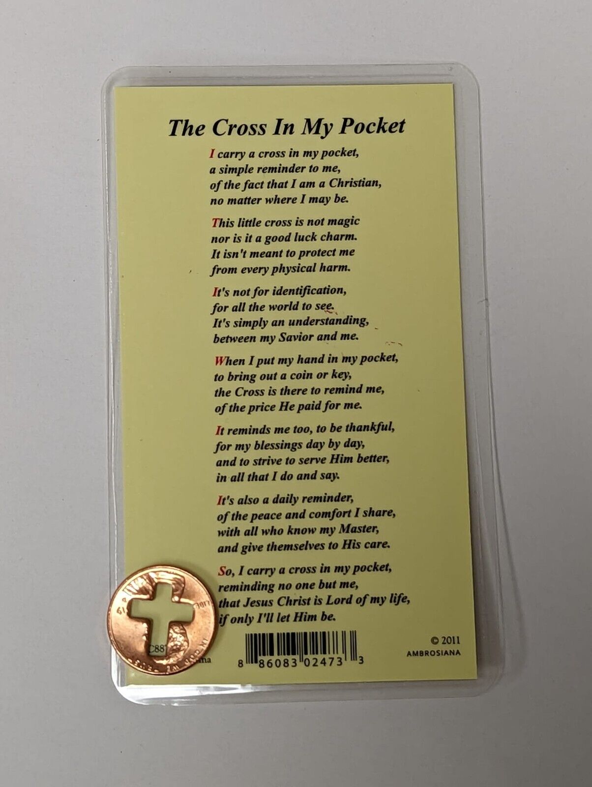 The Cross In My Pocket LAMINATED poem card with a cut out penny cross
