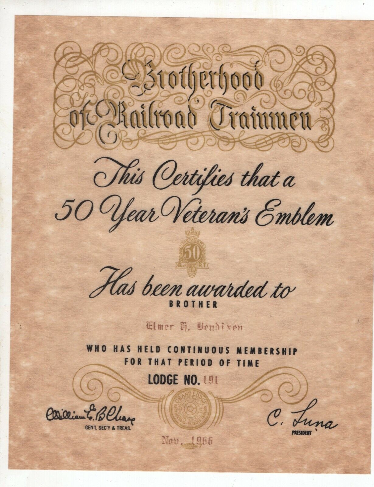 1966 Brotherhood of Railroad Trainmen Certificate for 50 Year Veteran's Emblem 