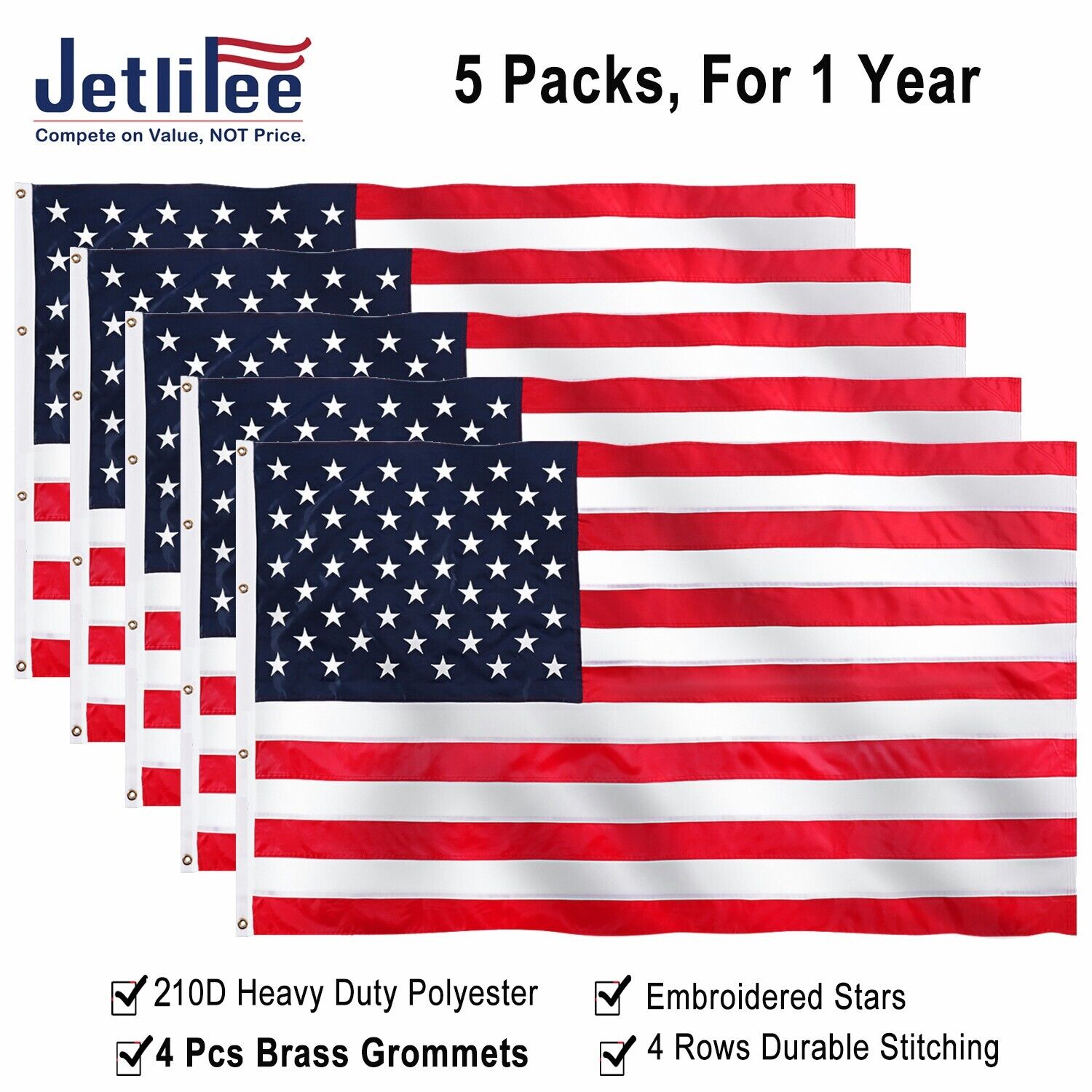 Jetlifee 5 Packs 8x12 FT American US Flag Banner Heavy Duty 210D Embroidered