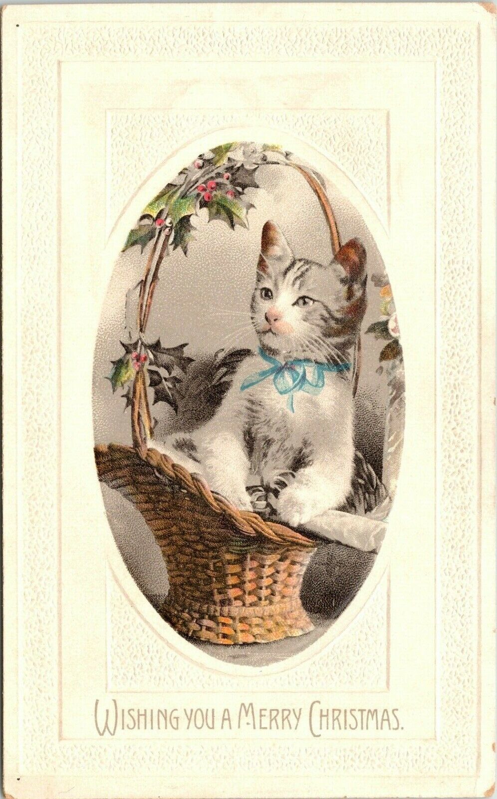 C.1910 Merry Christmas Adorable Cat Kitten In Wicker Basket Postcard  A116